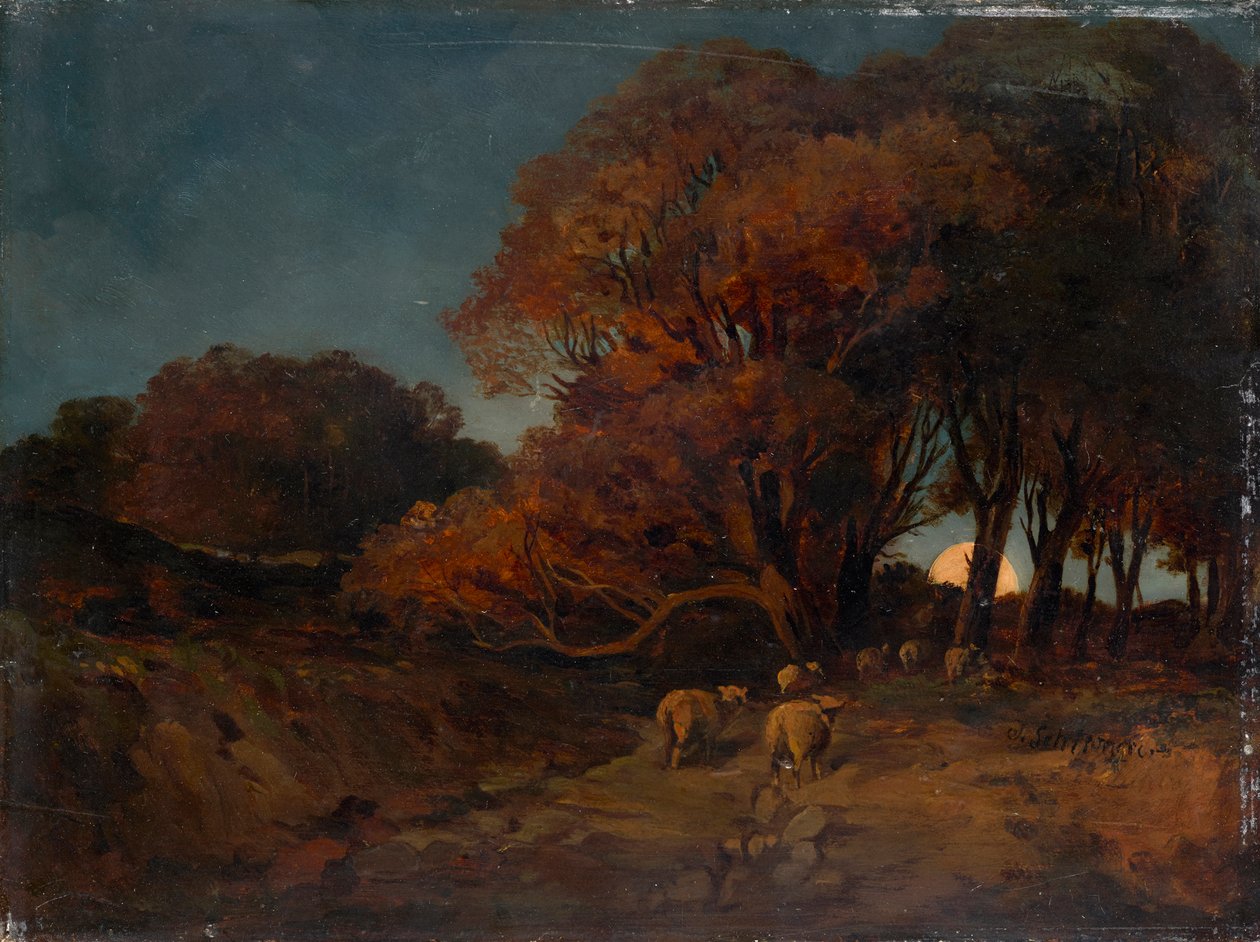 Jesienny las w świetle księżyca autorstwa Johann Wilhelm Schirmer