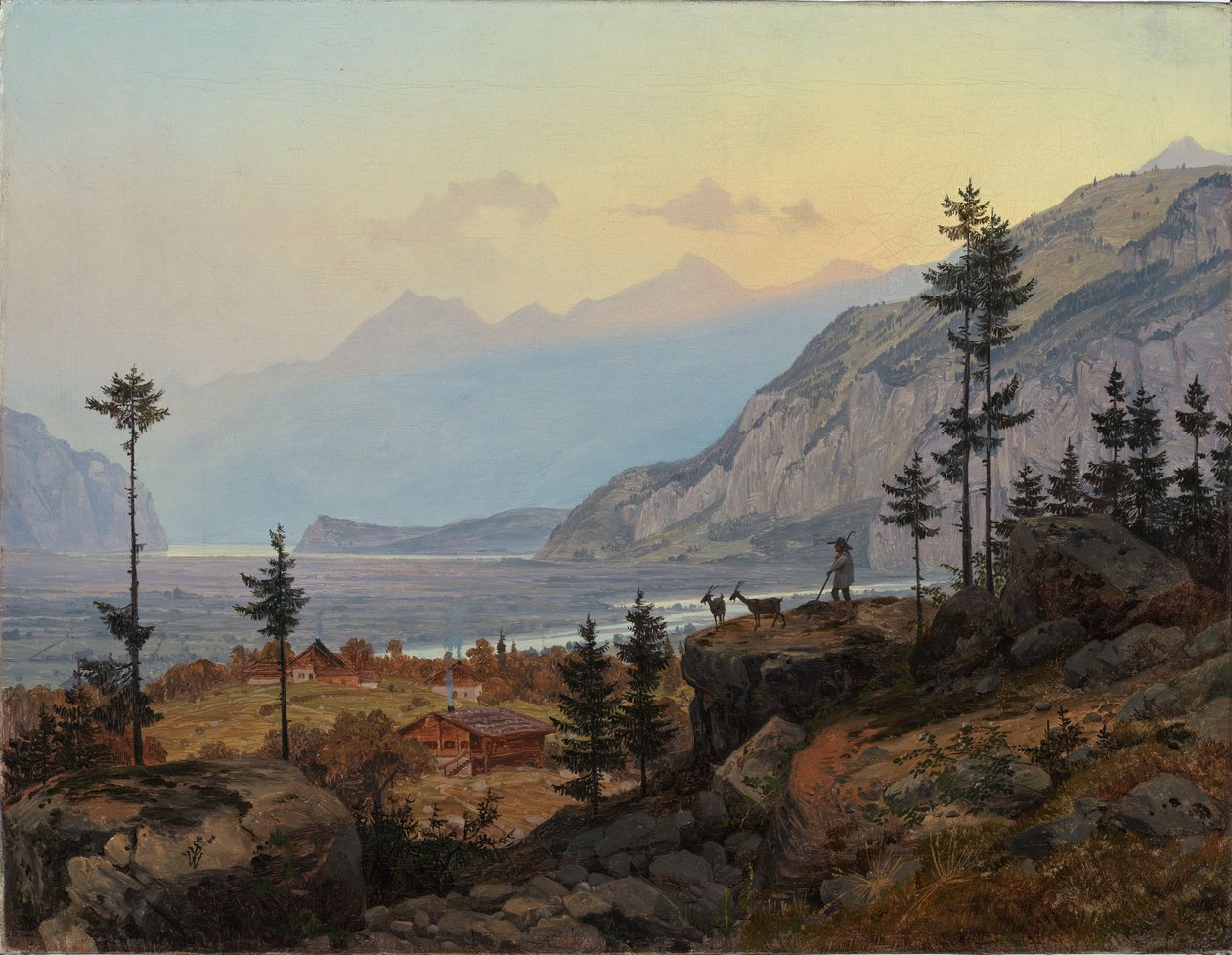 Szwajcarski krajobraz alpejski z rzeką i jeziorem autorstwa Johann Wilhelm Schirmer
