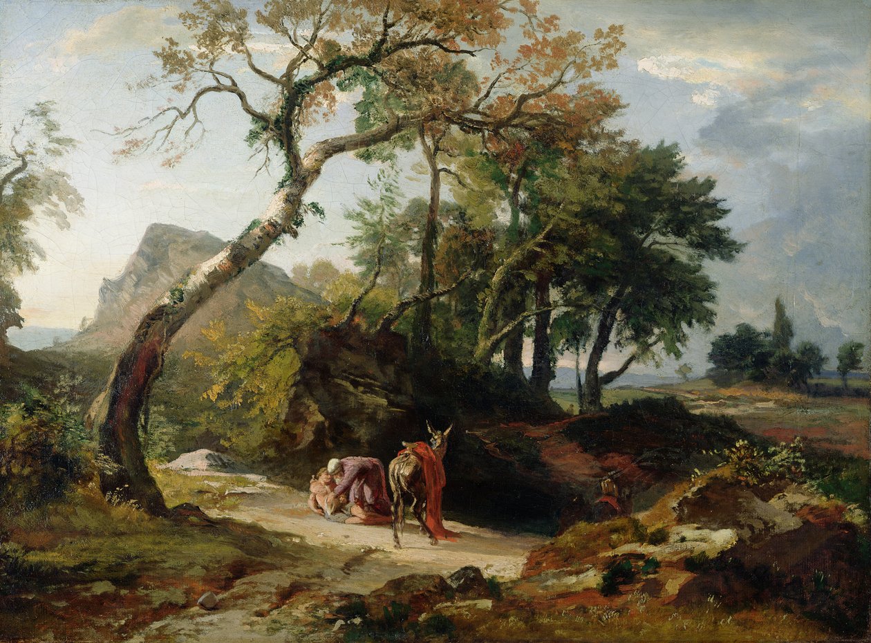 Uratowanie rannego przez miłosiernego Samarytanina (wieczór) ok. 1856 r. autorstwa Johann Wilhelm Schirmer