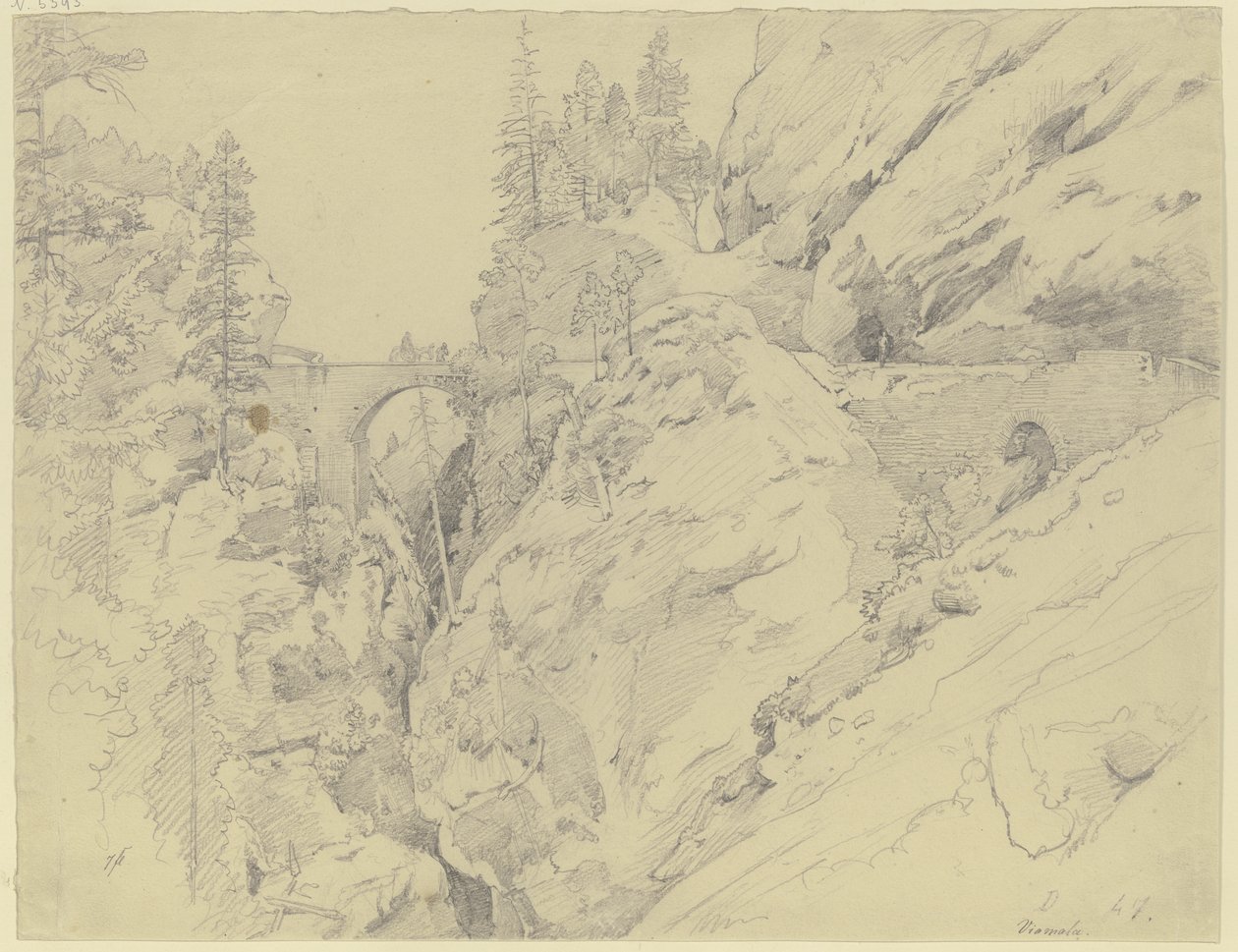 Via Mala, u góry kamienny most autorstwa Johann Wilhelm Schirmer