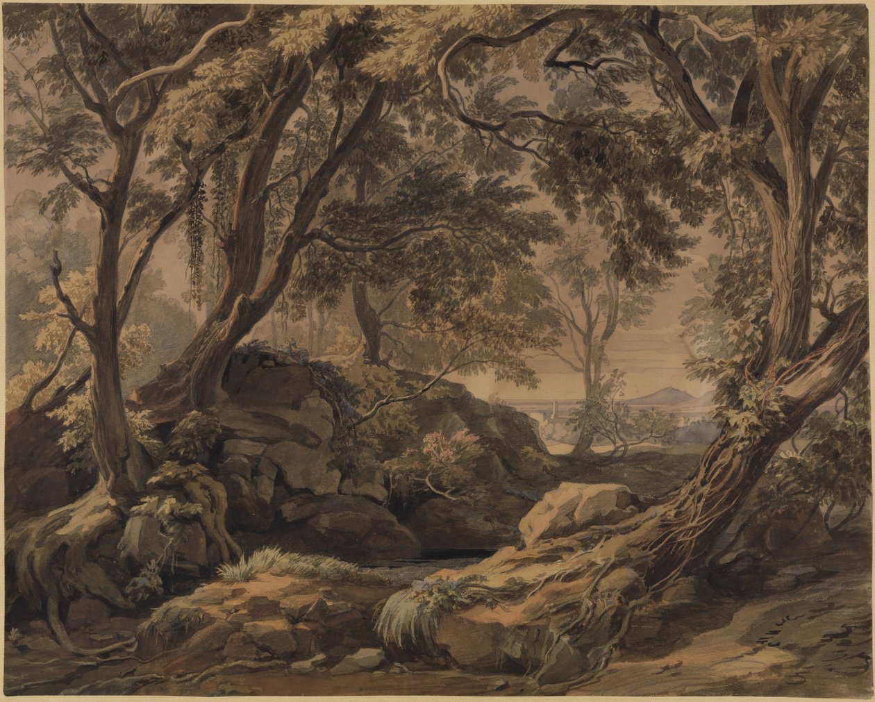 Leśny krajobraz z widokiem na Olevano i Monte Cavo autorstwa Johann Wilhelm Schirmer