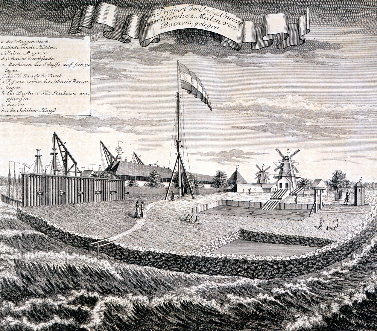 Holenderska Kompania Wschodnioindyjska drewno lub tartak na wyspie dwie mile od Batavia, pub. 1744. autorstwa Johann Wolfgang Heydt