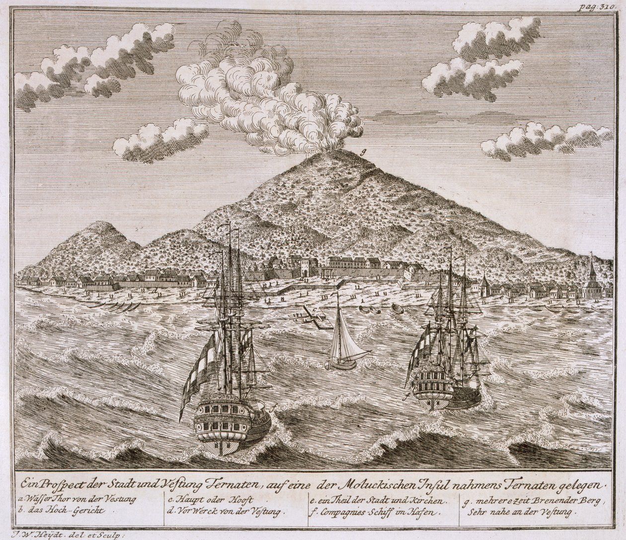 Wyspa zwana "Ternate" na Molukach, wybrzeże i statki Holenderskiej Kompanii Wschodnioindyjskiej w latach trzydziestych XVII w., z serii widoków Batawii "Schau-platz von Africa und Ost-Indien", opublikowanej w 1744 r. (rycina autorstwa Johann Wolfgang Heydt