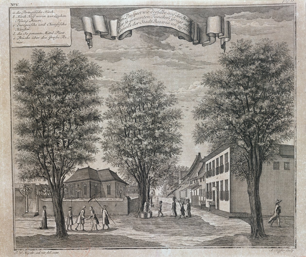 Kościół portugalski oraz chińskie i europejskie domy na ulicy w Batawii, z serii widoków Batawii „Schau-platz von Africa und Ost-Indien”, opublikowanej w Norymberdze w 1744 r. autorstwa Johann Wolfgang Heydt