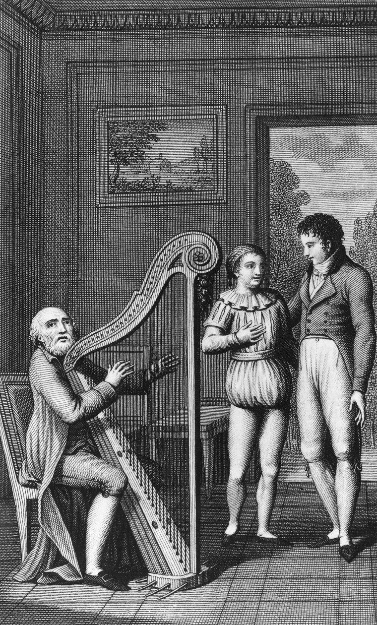 Harfista, Mignon i Wilhelm, ilustrowana okładka do Praktyki Wilhelma Meistera, powieść Johanna Wolfganga von Goethego (1749-1832), rycina z wydania opublikowanego w 1802 r. autorstwa Johann Wolfgang von Goethe
