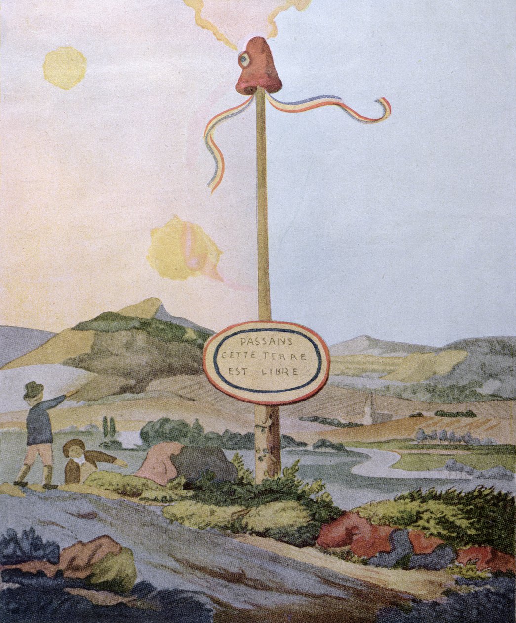 „Wędrowcy, ta ziemia jest wolna”, słup wolności na granicy francusko-luksemburskiej nad Mozelą, reprodukcja oryginalnej akwareli z 1792 r., ok. 1847 r. autorstwa Johann Wolfgang von Goethe