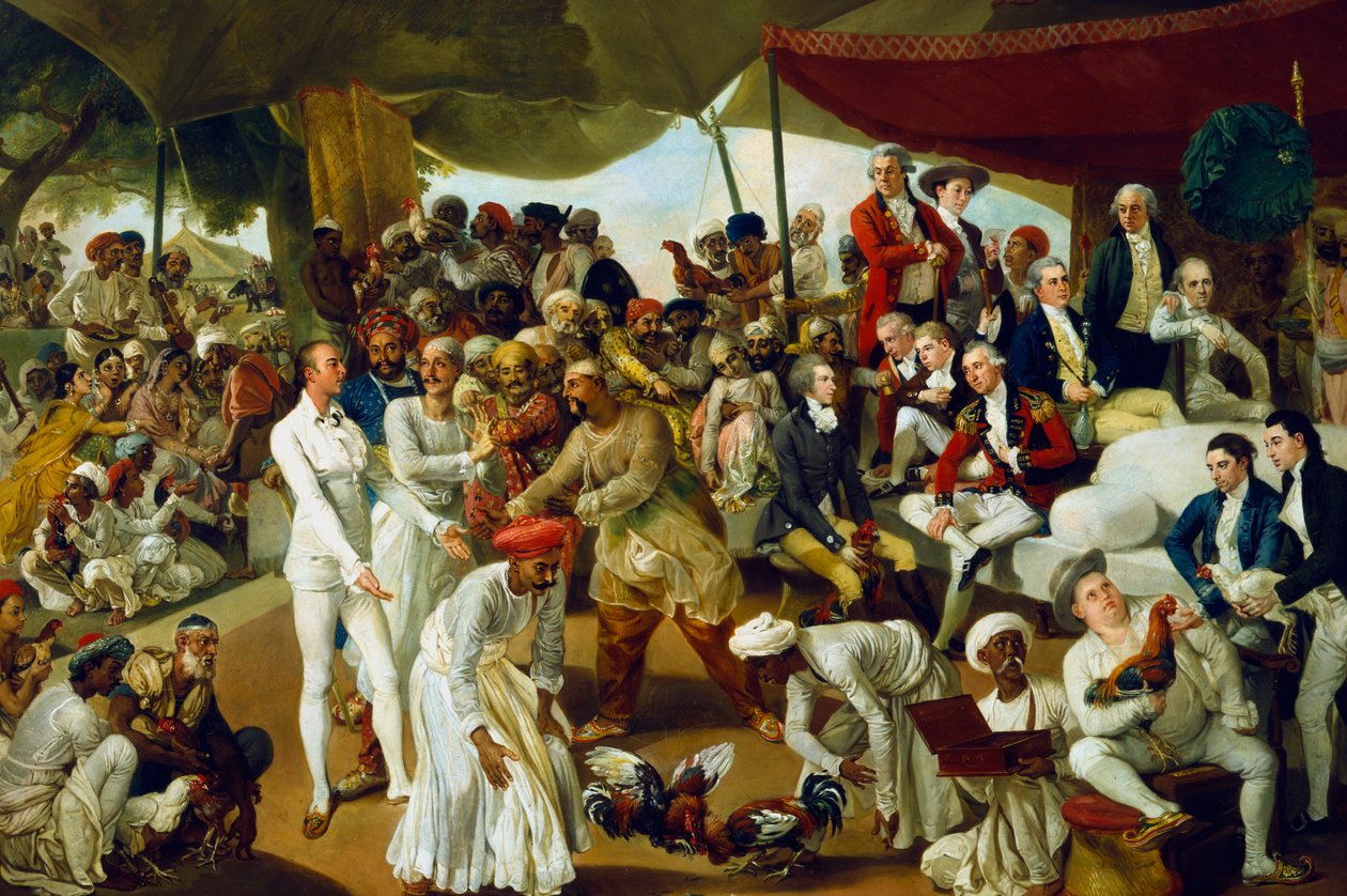 Pułkownik Mordaunt ogląda walkę kogutów w Lucknow, Indie, 1790 autorstwa Johan Joseph Zoffany