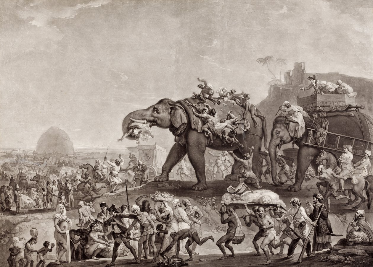 Ambasada Hyderbeck do Kalkuty, od wezyra z Oude, drogą Patna, w roku 1788, aby spotkać się z Lordem Cornwallis, pub.c. 1800 (mezzotinta) autorstwa Johan Joseph Zoffany