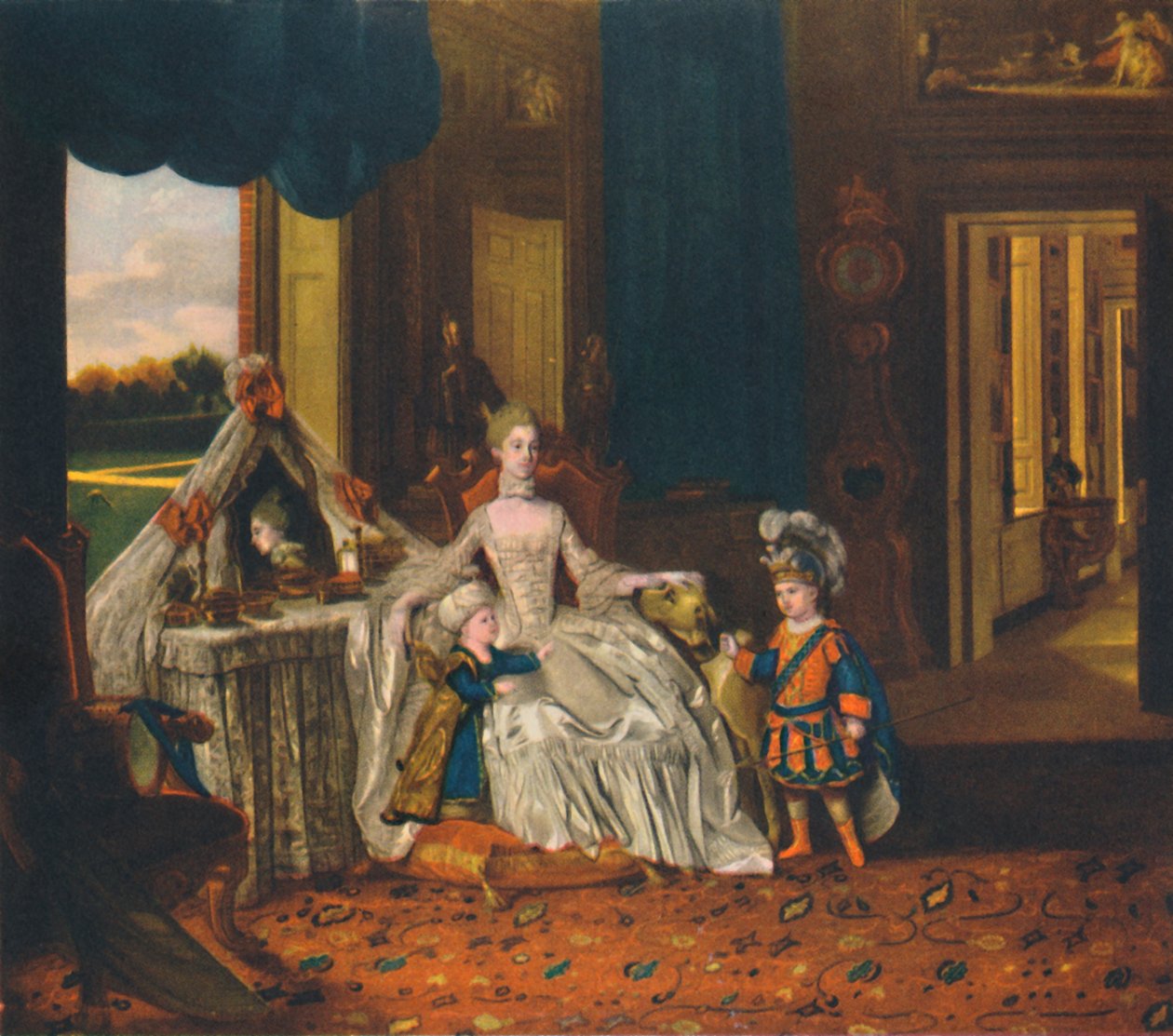 Królowa Charlotte w przebieralni z księciem i księciem w przebraniach, c1766, 1948 autorstwa Johan Joseph Zoffany