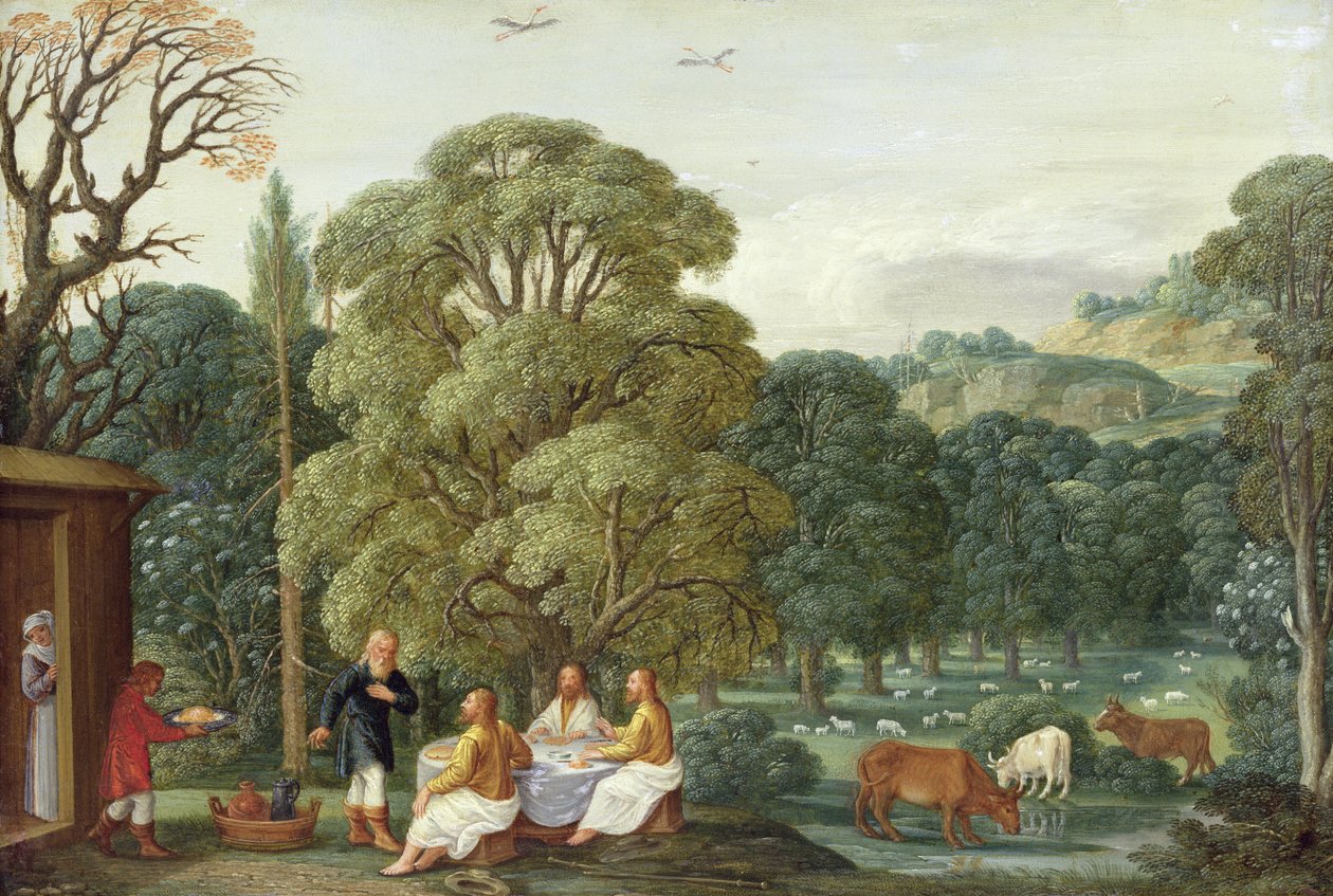 Abraham zabawiający Trzech Aniołów (olej na miedzi) autorstwa Johann or Hans Konig