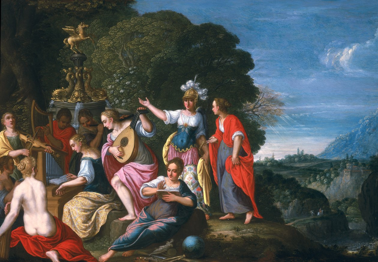 Atena i Dziewięć Muz przy studniach Hipokrene, 1624 (olej na miedzi) autorstwa Johann or Hans Konig