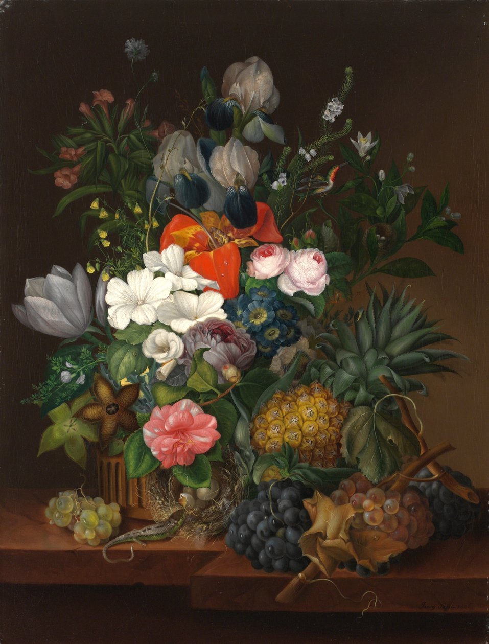 Martwa natura z jaszczurką i kwiatami - Johanna (Jenny) Salm-Reifferscheidt (z domu Comtesse Pachtova) (1780-1857). olej na płótnie autorstwa Johanna Salm Reifferscheidt