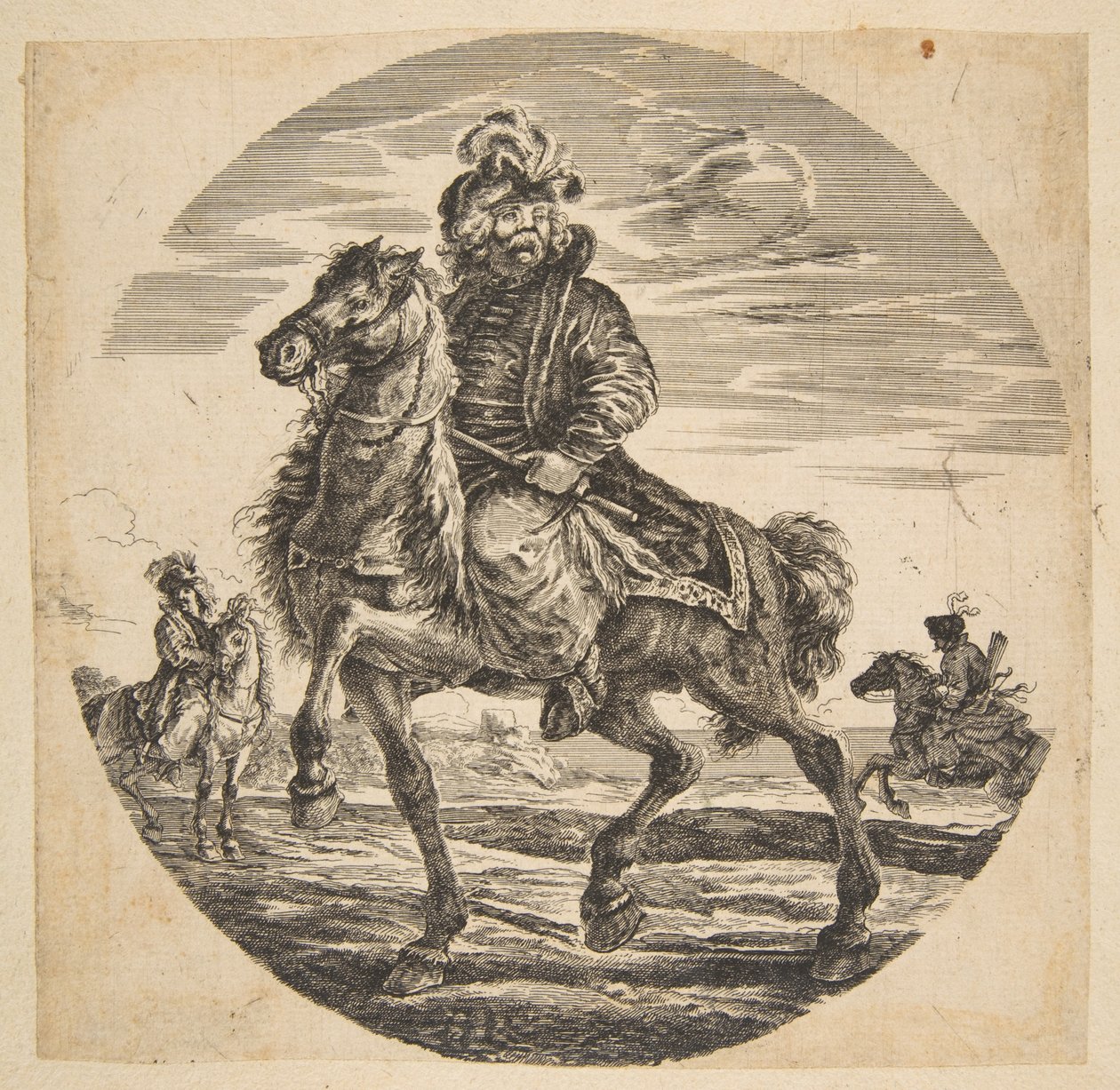 Jeździec węgierski jadący w lewo, inni jeźdźcy w tle, kolisty c....n.d. autorstwa Johanna Christina Küsel