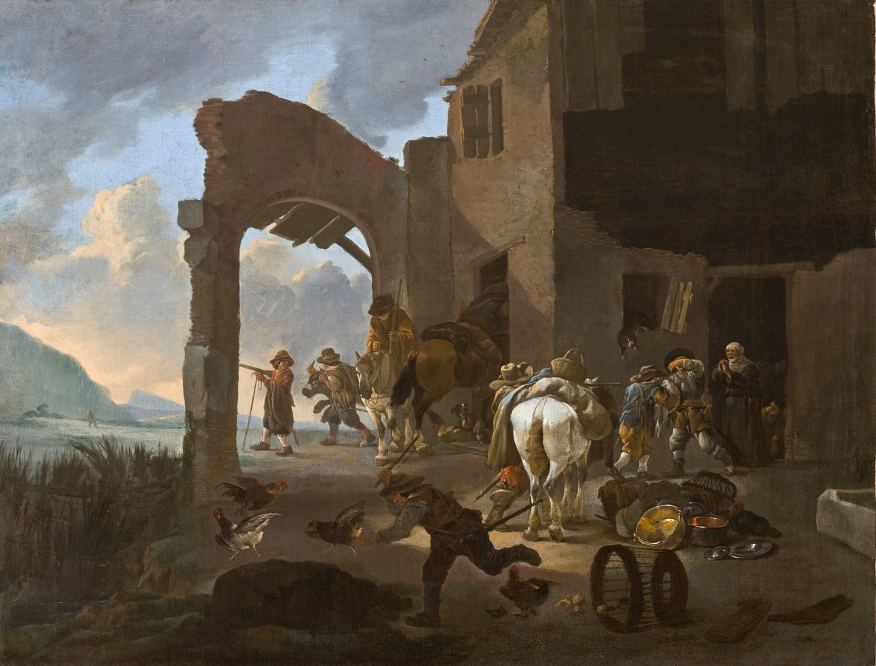 Żołnierze grabiący rodzinę chłopską, ok. 1650 r. autorstwa Johannes Lingelbach