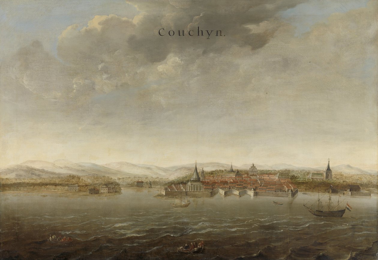 Widok na Cochin na Malabarskim Wybrzeżu Indii, ok. 1662-3 autorstwa Johannes Vinckeboons