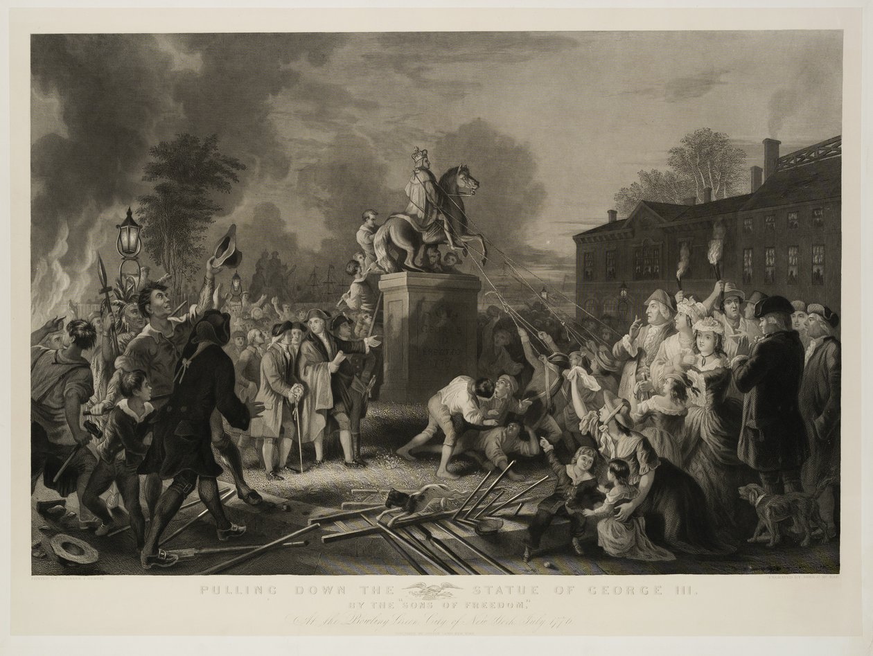 Obalanie Statuy Jerzego III przez Synów Wolności, w Bowling Green, miasto Nowy Jork, lipiec 1770, rytowane przez Johna C. McRae, po 1853 r. autorstwa Johannes Adam Simon Oertel