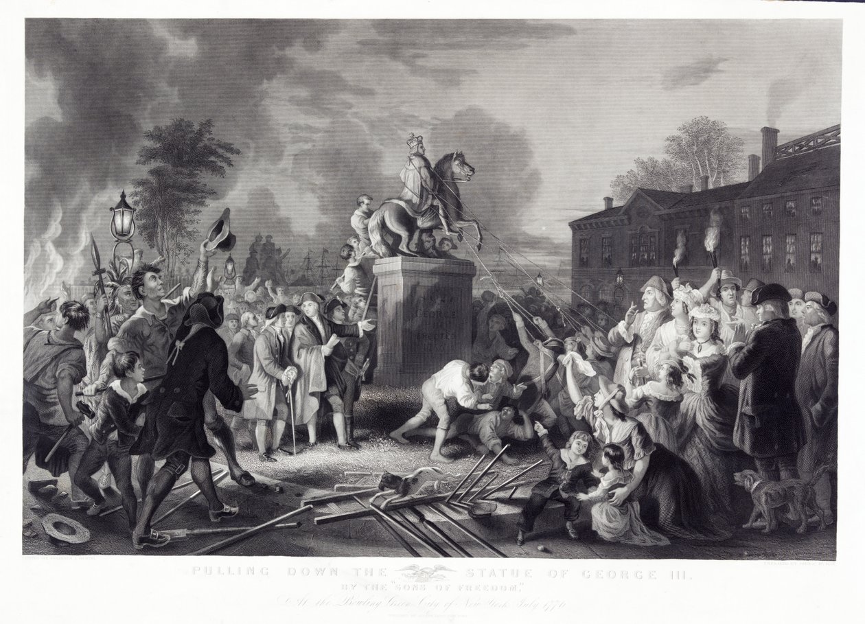Zburzenie Statuy Jerzego III przez Synów Wolności, w Bowling Green, Nowy Jork, lipiec 1776, wyd. 1875 autorstwa Johannes Adam Simon after Oertel