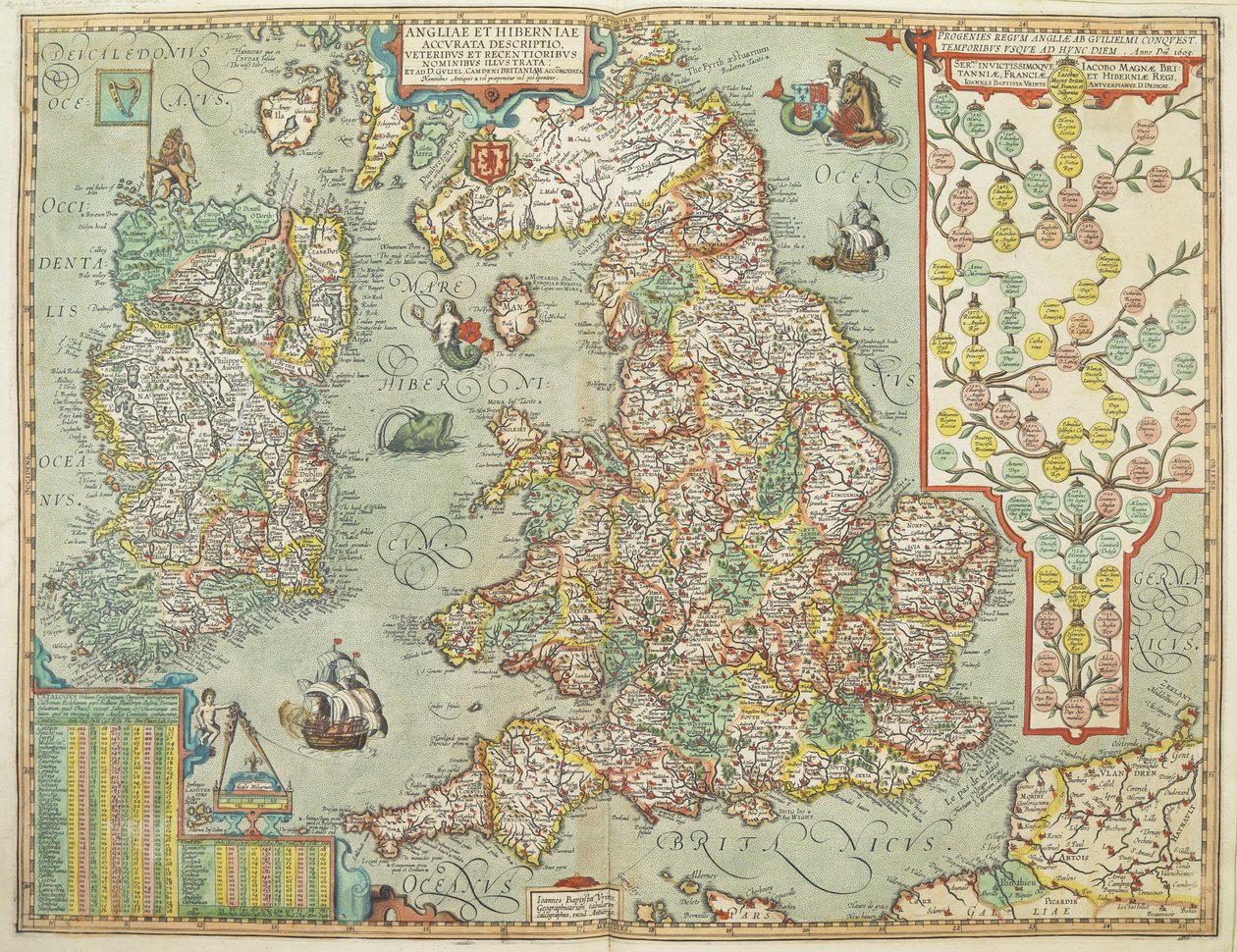 Mapa Anglii i Irlandii sporządzona w 1606 r. (kolorowy grawerunek) autorstwa Johannes Baptista Vrints