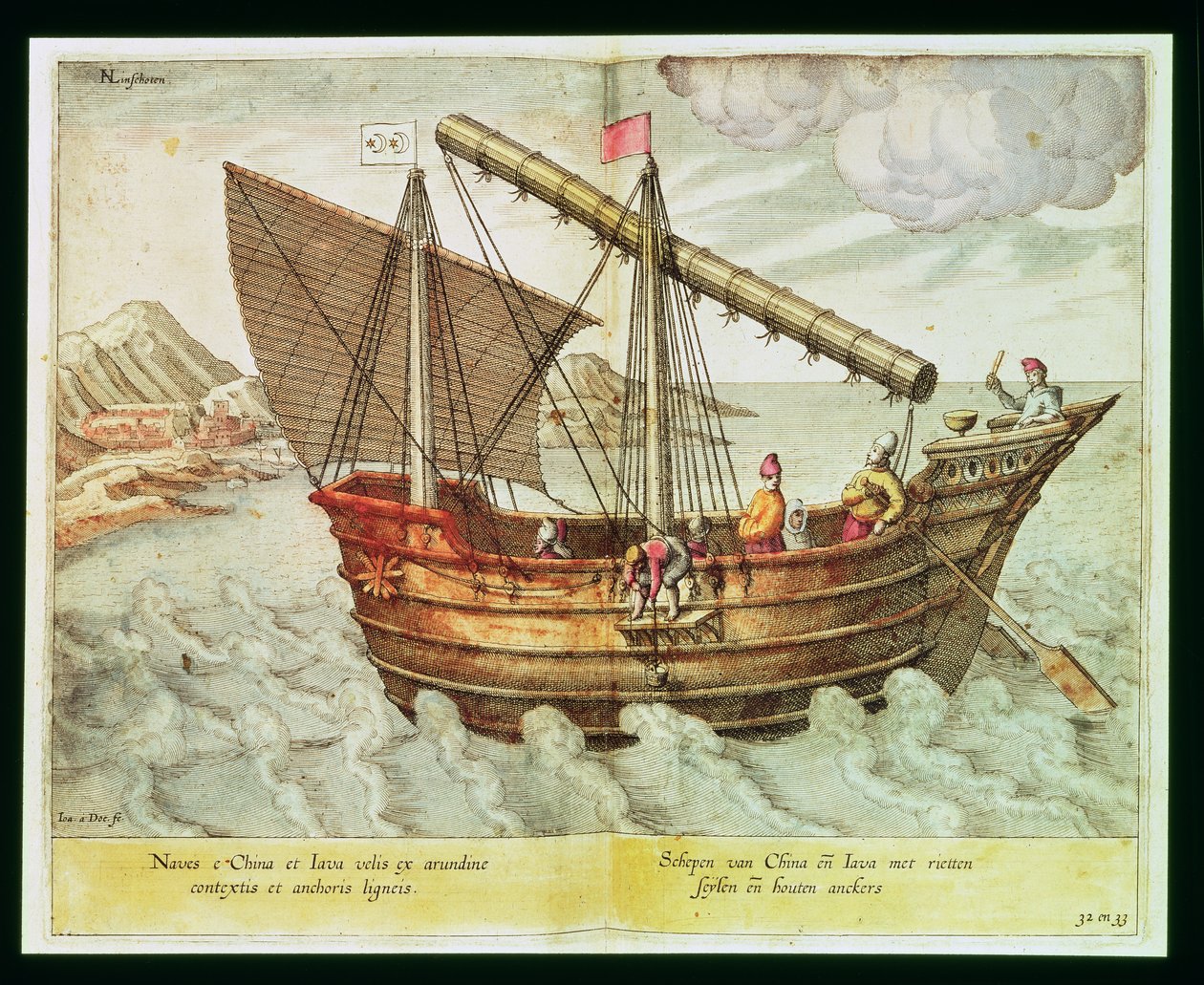 Chińska dżonka, ilustracja z „Jan Huyghen van Linschoten, Jego dyskurs podróży do Indii Wschodnich i Zachodnich”, 1579-92 (rycina) autorstwa Johannes Baptista van Doetechum the Younger