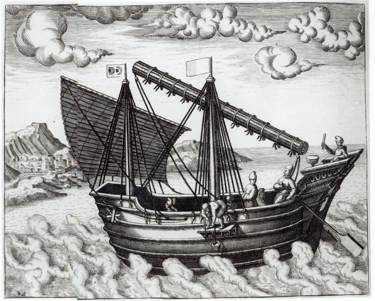 Chińska dżonka, ilustracja z „Jan Huyghen van Linschoten, Jego dyskurs podróży do Indii Wschodnich i Zachodnich”, 1579-92 autorstwa Johannes Baptista van Doetechum the Younger