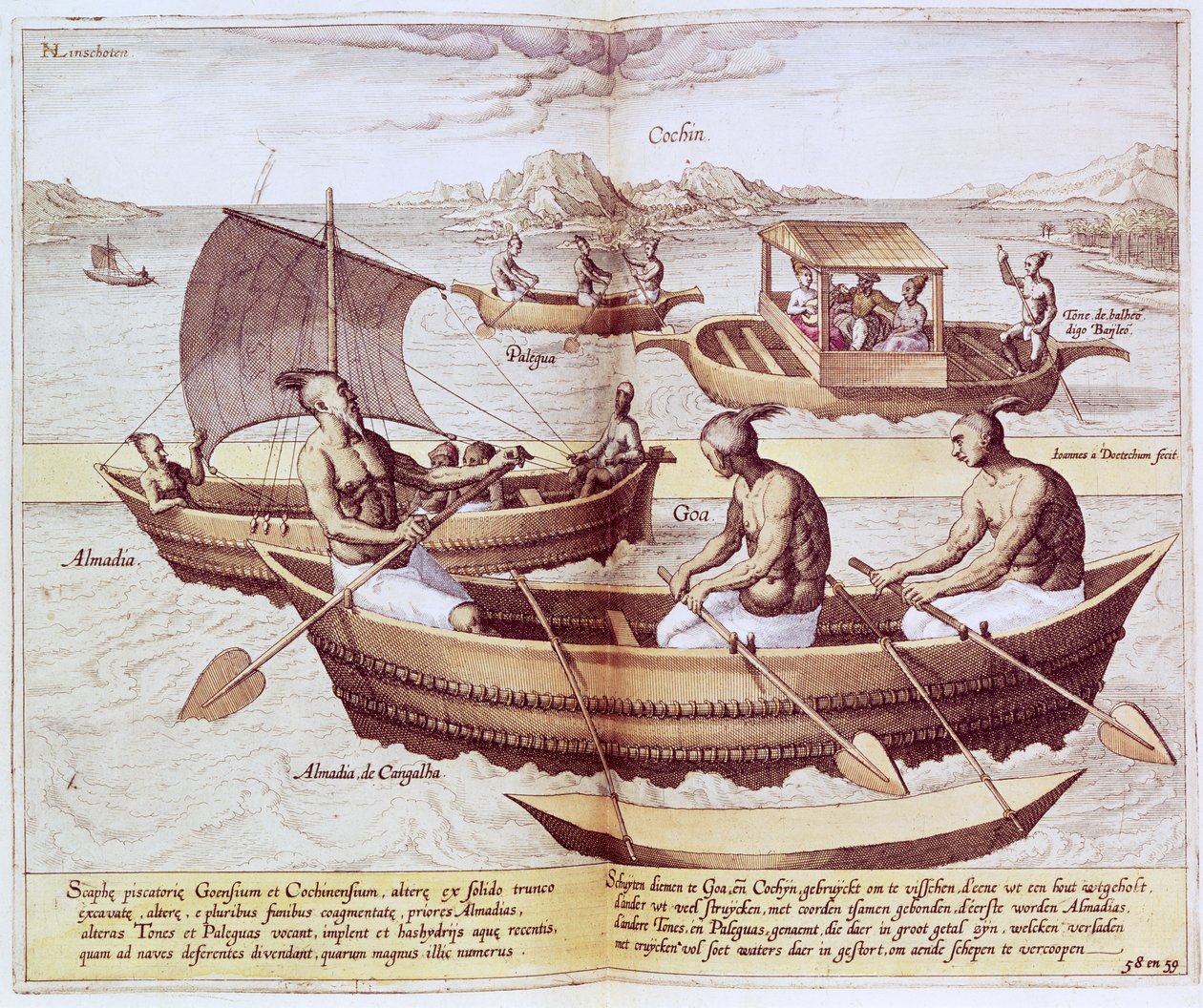 Łodzie w Goa, ilustracja z „Jan Hughen van Linschoten, Jego dyskurs podróży do Indii Wschodnich i Zachodnich”, 1579-92 autorstwa Johannes Baptista van Doetechum the Younger
