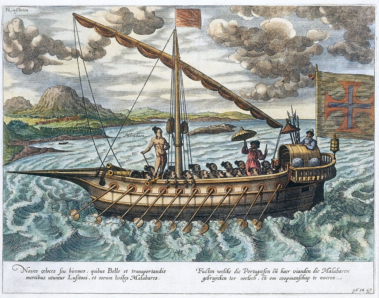 Fusta, ilustracja z „Jan Huyghen van Linschoten, Jego dyskurs podróży do Indii Wschodnich i Zachodnich”, 1579-92 autorstwa Johannes Baptista van Doetechum the Younger