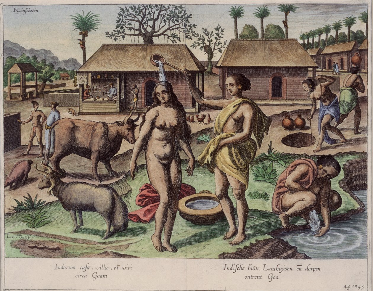 Życie na Goa, ilustracja z „Jan Huyghen van Linschoten, Jego dyskurs podróży do Indii Wschodnich i Zachodnich”, 1579-92 (kolorowe grawerowanie) autorstwa Johannes Baptista van Doetechum the Younger