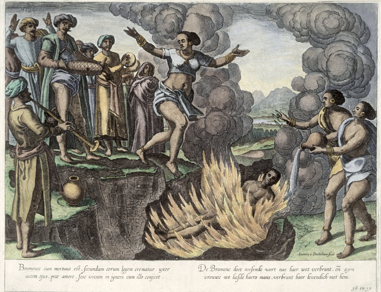 Sati, ilustracja z "Jan Huyghen van Linschoten, jego dyskurs o podróżach do Indii Wschodnich i Zachodnich", 1579-92 (rycina kolorowa) autorstwa Johannes Baptista van Doetechum the Younger