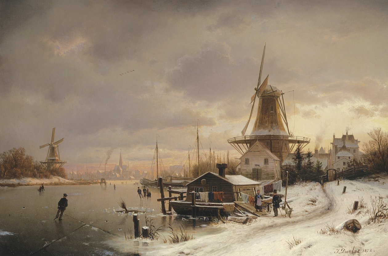 Łódź mieszkalna na zamarzniętej rzece autorstwa Johannes Bartolomaus Duntze