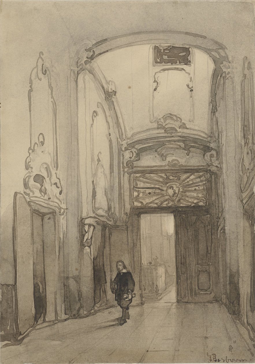 Rokokowy portal w ratuszu w Hadze z mężczyzną w XVII-wiecznym stroju autorstwa Johannes Bosboom
