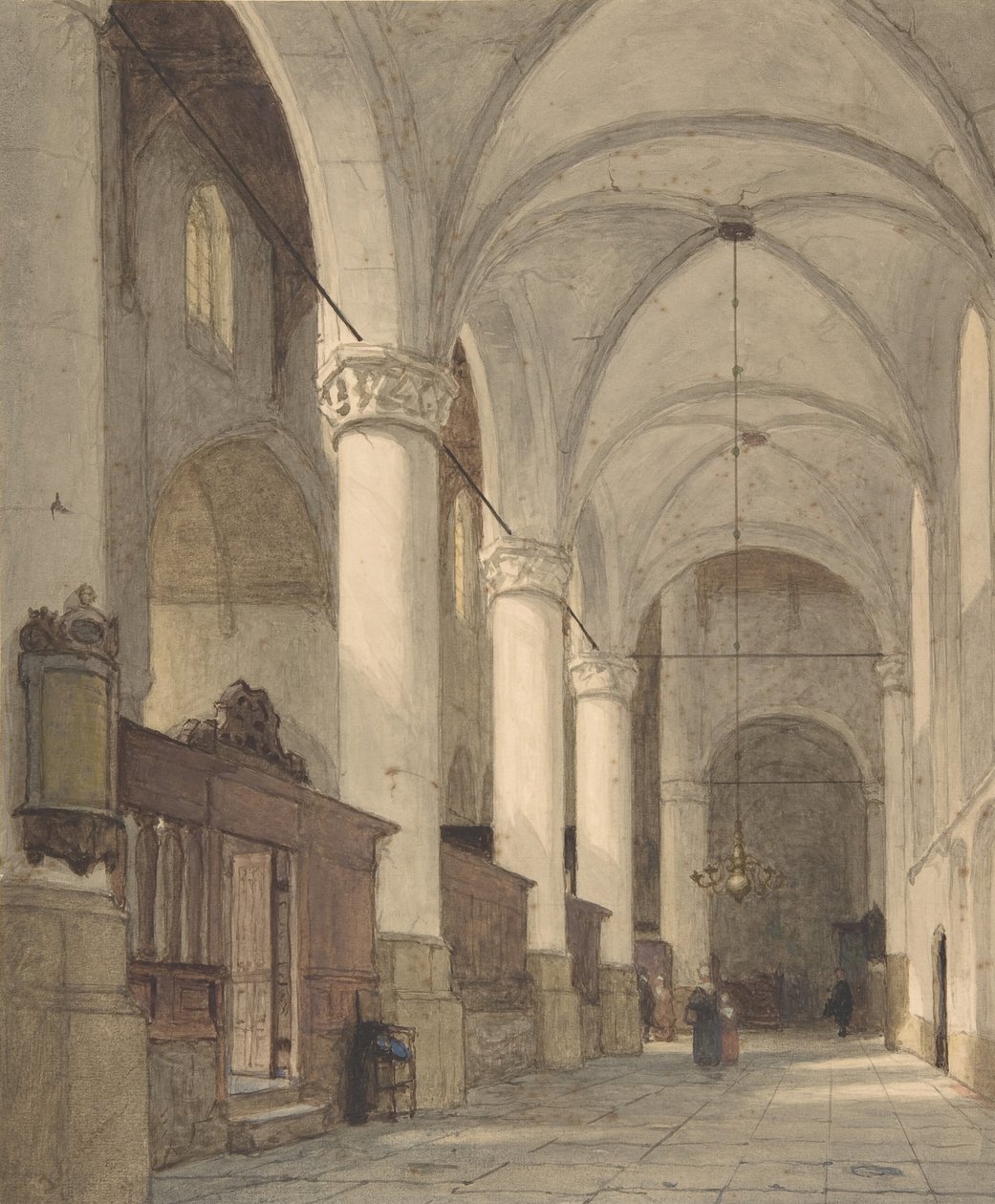 Sklepiona nawa boczna kościoła z figurami, XIX w. autorstwa Johannes Bosboom