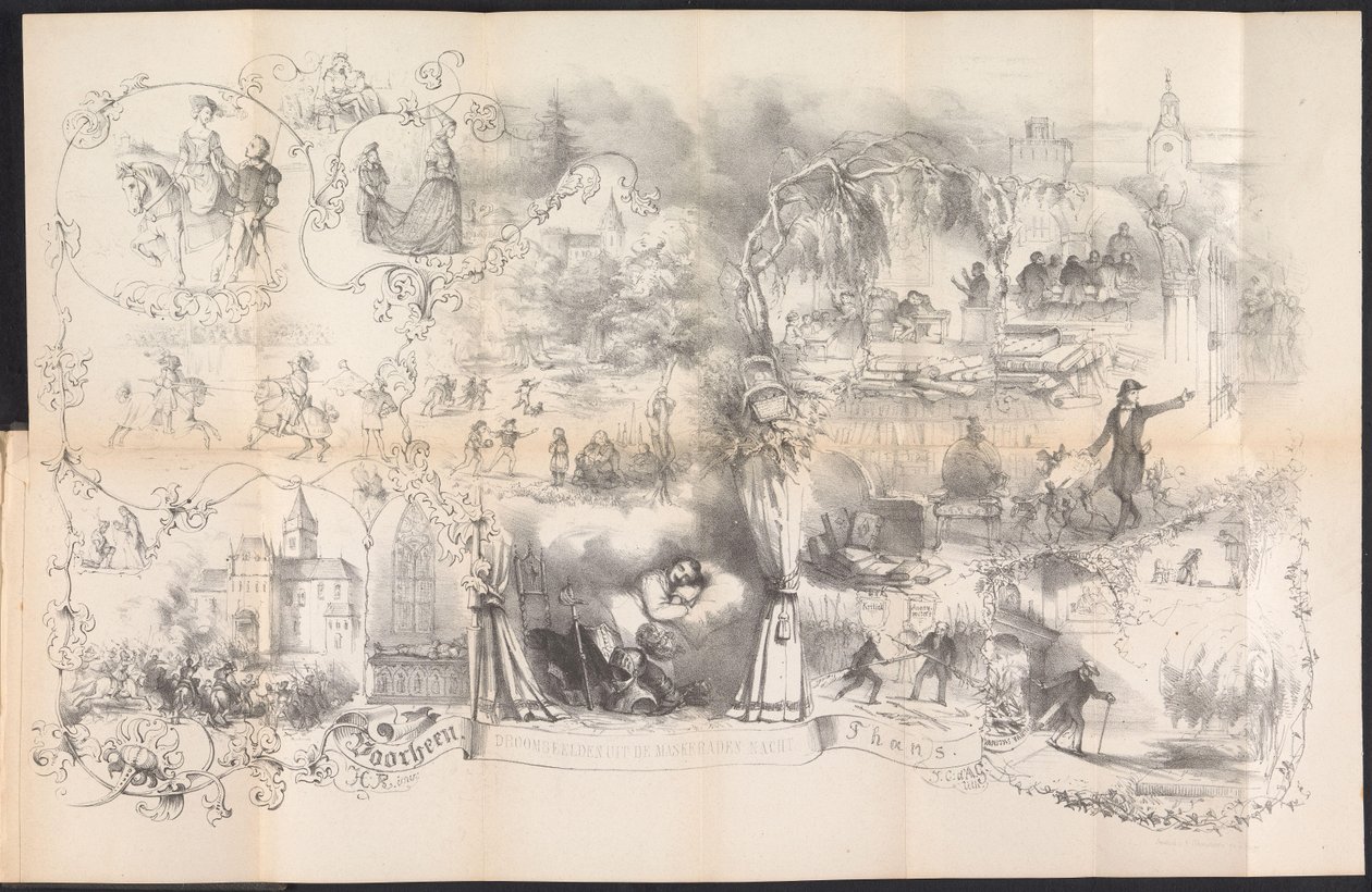 Karykatura w studenckim almanachu w Lejdzie, 1856 r. Sny z nocy maskarady (tytuł na obiekcie) autorstwa Johannes Christiaan d