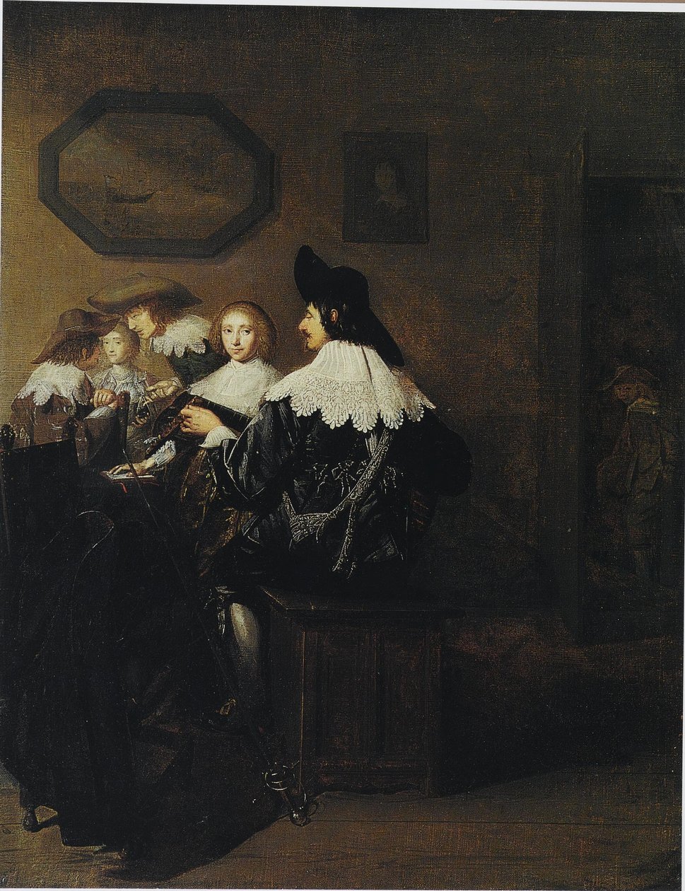 Firma z mężczyzną grającym na lutni, siedzącym przy stole autorstwa Johannes Cornelisz Verspronck