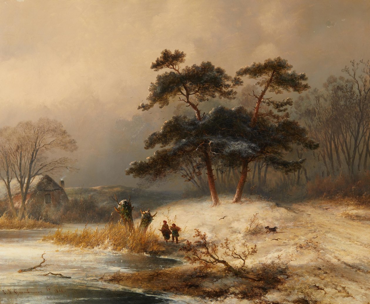 Zbieracz chrustu Johannes Franciscus Hoppenbrouwer w zimowym lesie autorstwa Johannes Franciscus Hoppenbrouwers