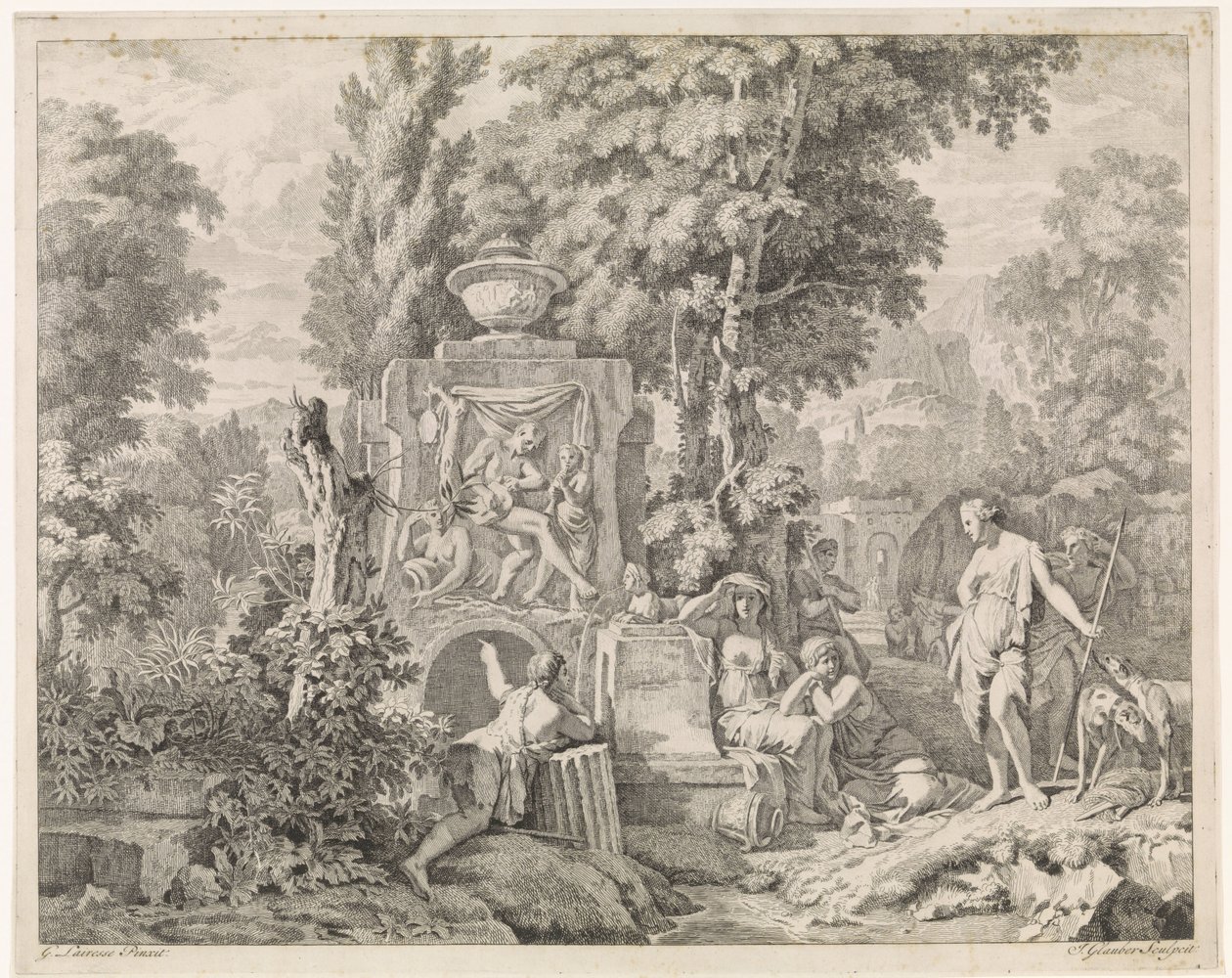 Krajobraz z fontanną oraz Dianą i jej nimfami Przedstawienia biblijne, mitologiczne i alegoryczne (tytuł serii) autorstwa Johannes Glauber