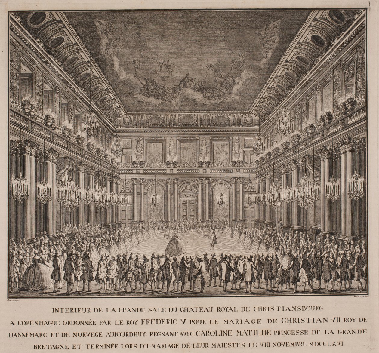 Bal dworski w sali rycerskiej Christiansborga na ślubie Christiana VII z Caroline Mathilde autorstwa Johannes Gottfred Bradt
