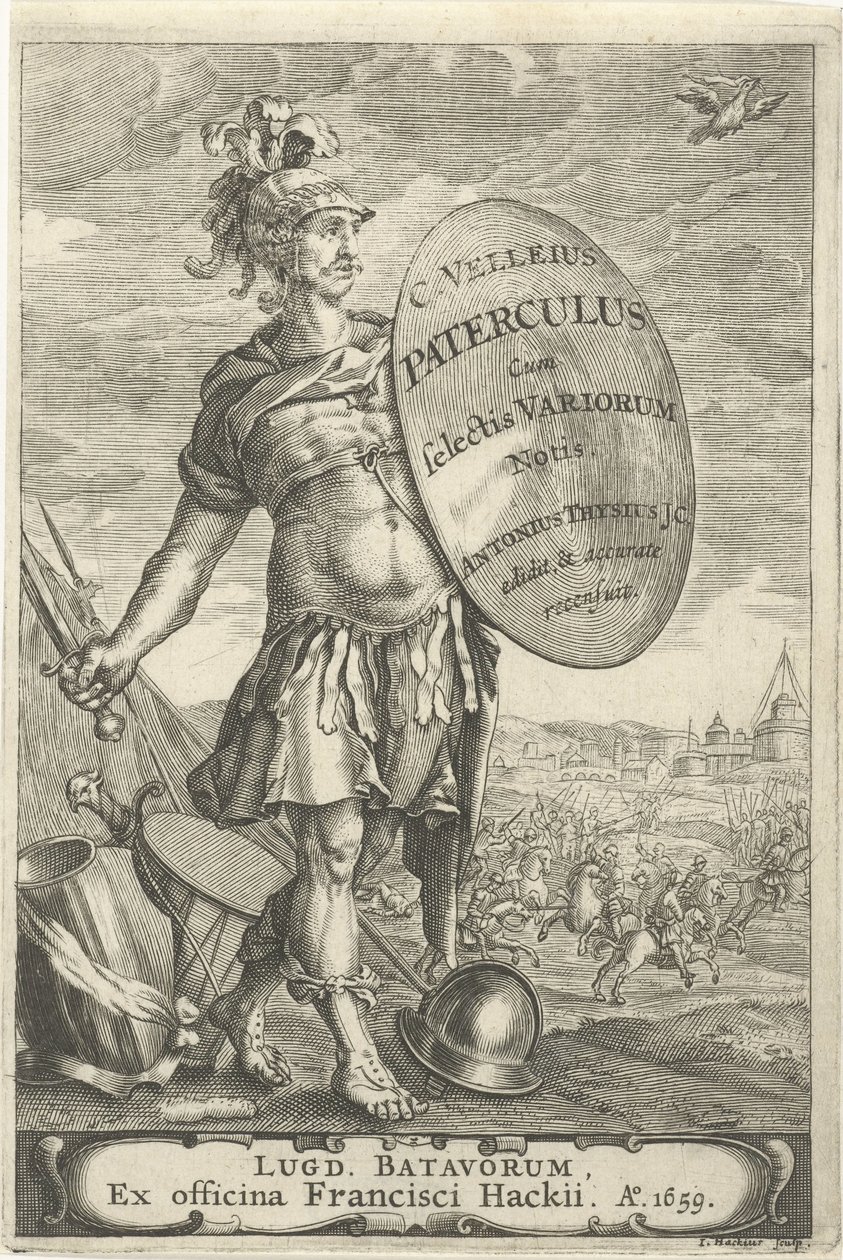 Romeinse krijgsman voor een slagveld Titelpagina voor Caius Velleius Paterculus cum Selectis Variorum Notis, 1659 autorstwa Johannes Hackius