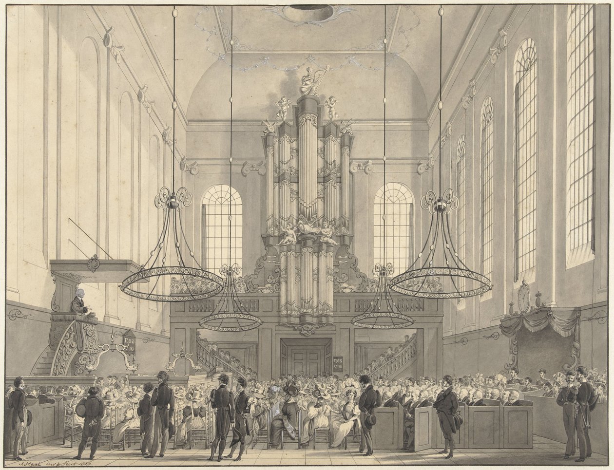 Prof. Dr. kazanie van der Palm w kościele luterańskim w Hadze dla rodziny królewskiej, 1828 autorstwa Johannes Hari (I)