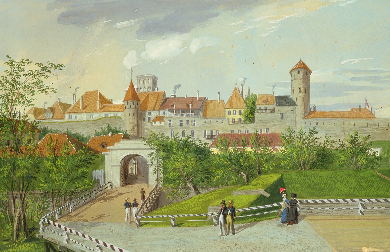 Widok na Małą Bramę Wybrzeża z Hattorpe i Wieżami Stoltowymi, Tallin, gwasz na tekturze) autorstwa Johannes Hau