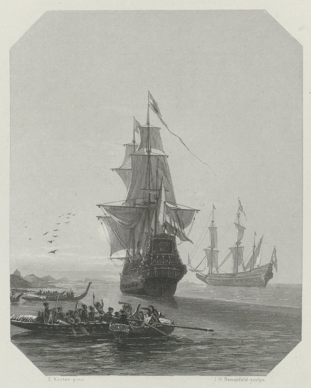 Przybycie Abla Tasmana do Nowej Zelandii, 1642-1643, ok. 1865 autorstwa Johannes Heinrich Maria Hubert Rennefeld