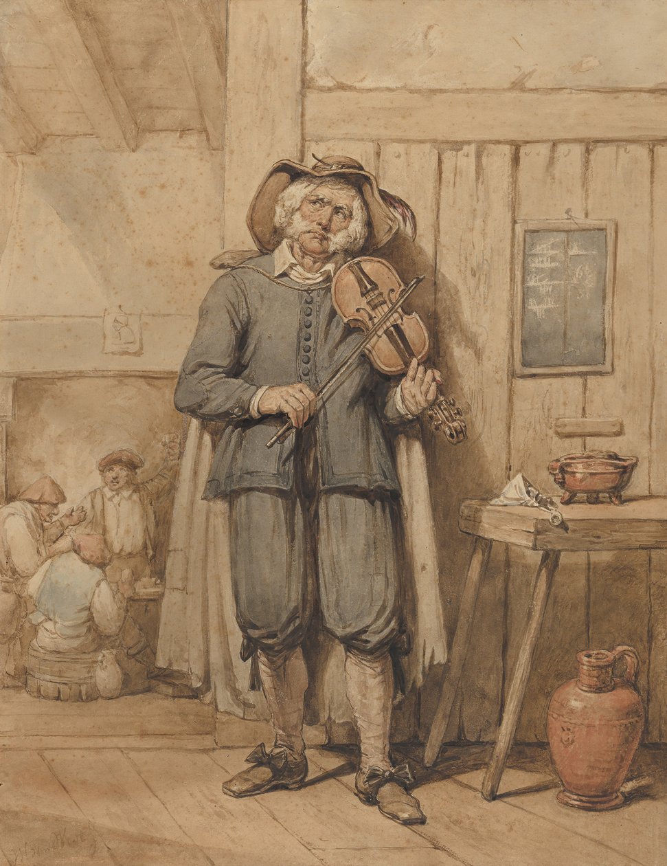 Skrzypek w tawernie z trzema mężczyznami w tle, połowa XIX wieku. autorstwa Johannes Hendrik van West