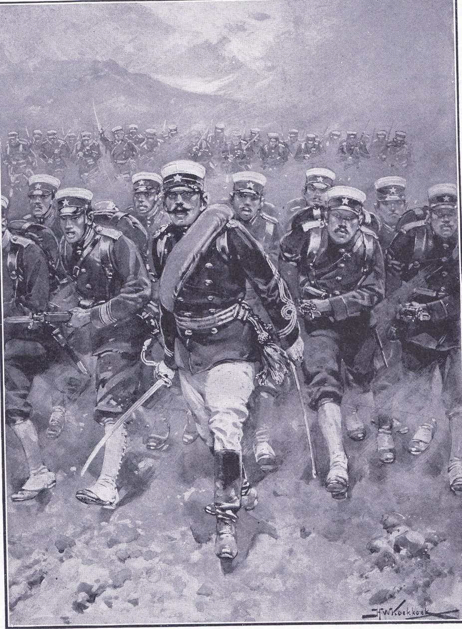 Szarża japońskiej piechoty, ilustracja z Cassells History of the rosyjsko-japońskiej wojny t. 1, ok. 1900 autorstwa Johannes Hermann Barend Koekkoek