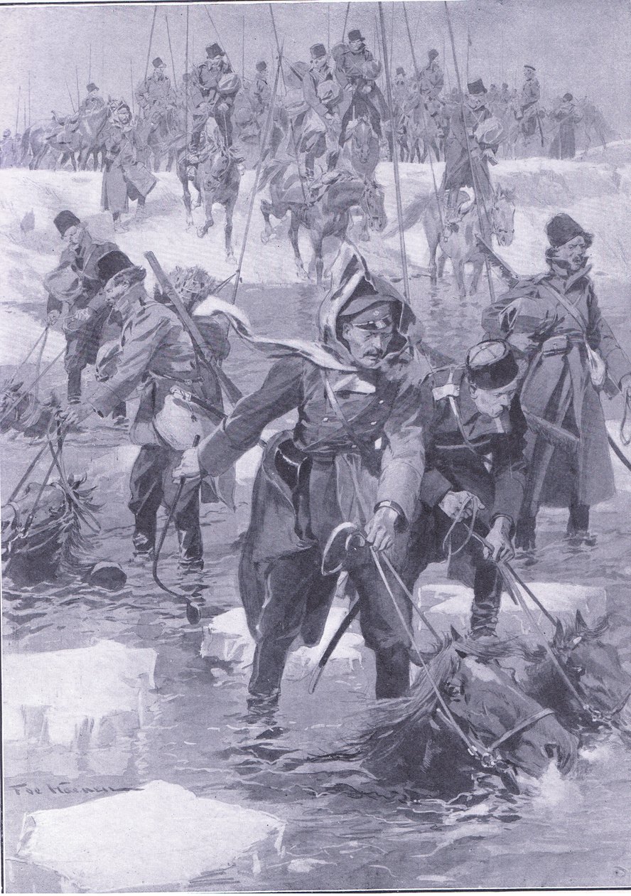 Wyczyn jeździecki. Rosyjska kawaleria przeprawiająca się przez rzekę, ilustracja z Historii wojny rosyjsko-japońskiej w Cassells, t. 1, ok. 1900 autorstwa Johannes Hermann Barend Koekkoek