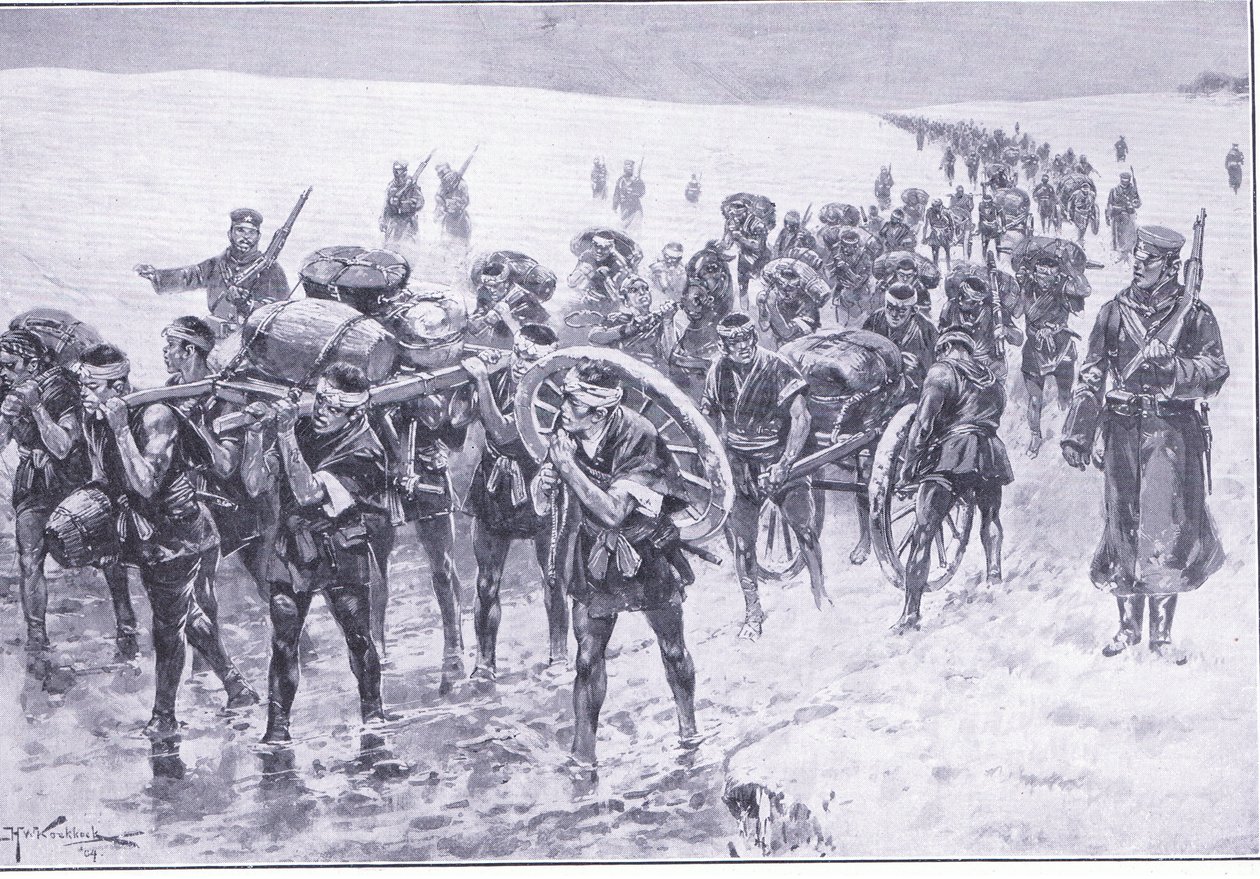Japończycy w marszu. Mężczyźni zamiast jucznych kucyków, ilustracja z Cassells History of the rosyjsko-japońskiej wojny t. 1, ok. 1900 autorstwa Johannes Hermann Barend Koekkoek
