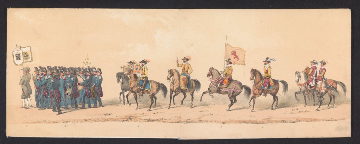 Procesja historyczna studentów Uniwersytetu Nauk Stosowanych w Groningen, 1850 (tablica 1) Kostium przedstawiający wejście Maurytów, księcia Orańskiego, hrabiego Nassau itp. oraz Willema Lodewijka, hrabiego Nassau, w Groningen w roku 1594, autorstwa H.H. autorstwa Johannes Hermanus van de Weijer