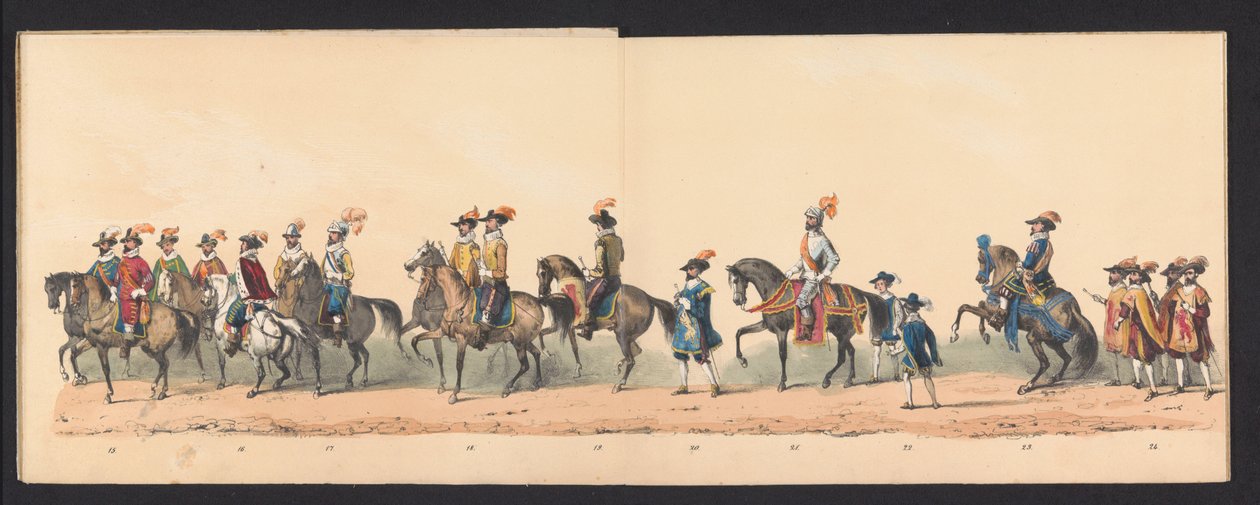 Procesja historyczna studentów Uniwersytetu Nauk Stosowanych w Groningen, 1850 (tablica 3) Kostium przedstawiający wejście Maurytów, księcia Orańskiego, hrabiego Nassau itp. oraz Willema Lodewijka, hrabiego Nassau, w Groningen w roku 1594, autorstwa H.H. autorstwa Johannes Hermanus van de Weijer