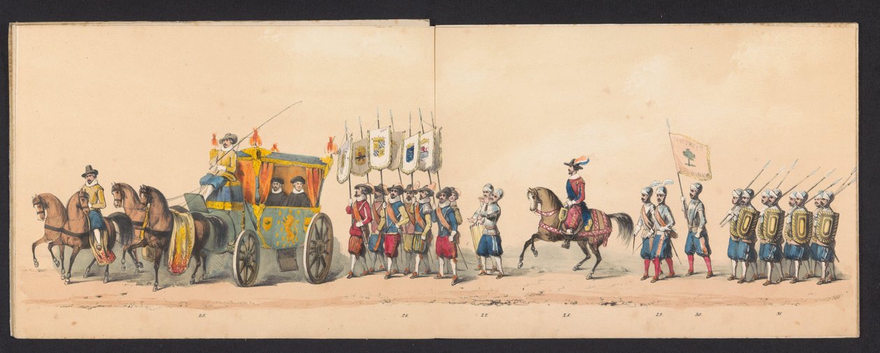 Procesja historyczna studentów Uniwersytetu Nauk Stosowanych w Groningen, 1850 (tablica 4) Kostium przedstawiający wejście Maurytów, księcia Orańskiego, hrabiego Nassau itp. oraz Willema Lodewijka, hrabiego Nassau, w Groningen w roku 1594, autorstwa H.H. autorstwa Johannes Hermanus van de Weijer