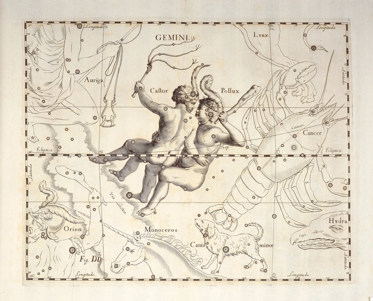 Konstelacja Bliźniąt Bliźniąt, rycina z atlasu niebieskiego Firmamentum Sobiescianum sive Uronographia, autorstwa Jana Heweliusza (1611-1687), Gdańsk autorstwa Johannes Hevelius