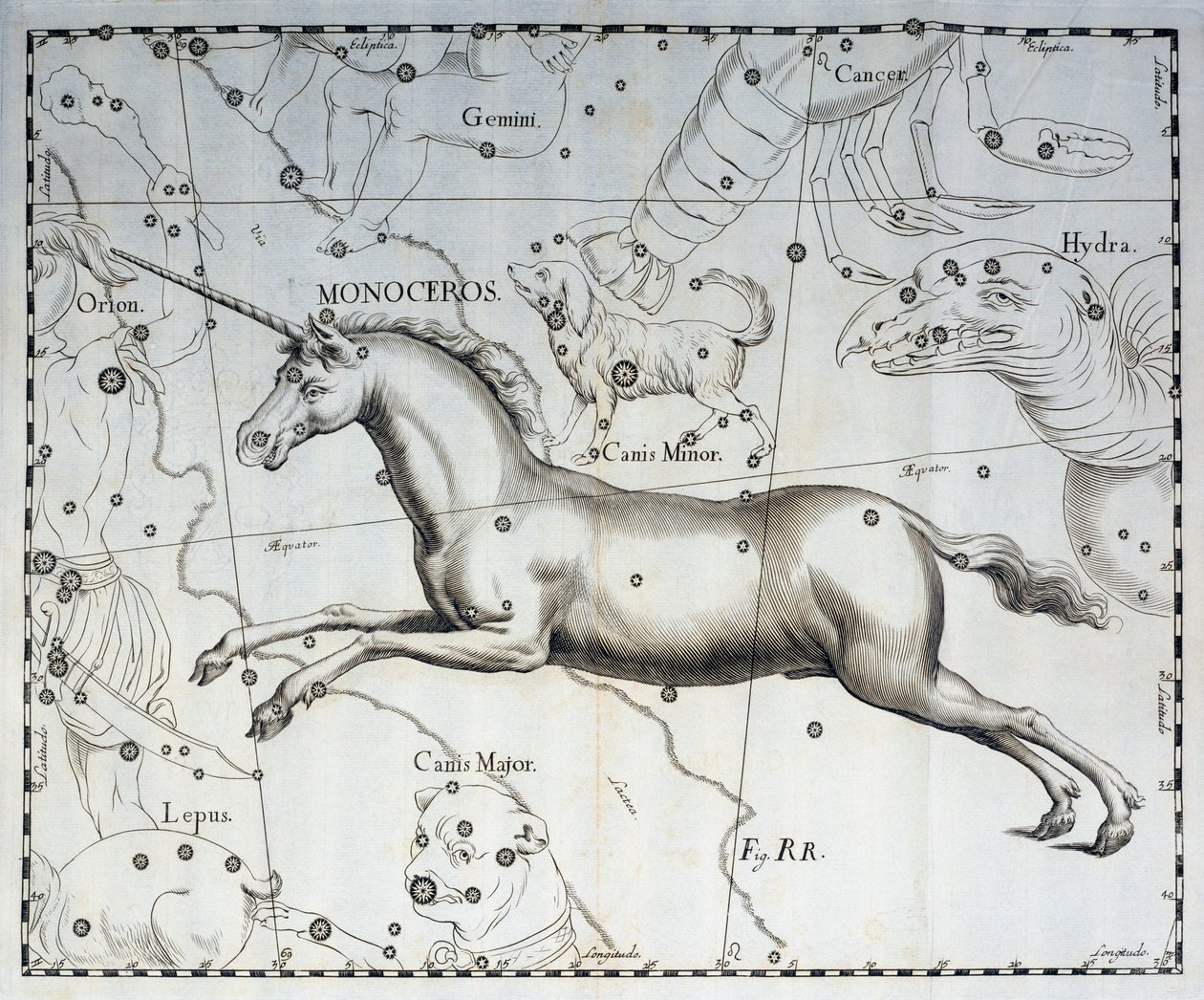 Monoceros, konstelacja Jednorożca, rycina z atlasu niebieskiego Firmamentum Sobiescianum sive Uronographia, autorstwa Jana Heweliusza (1611-1687), Gdańsk autorstwa Johannes Hevelius