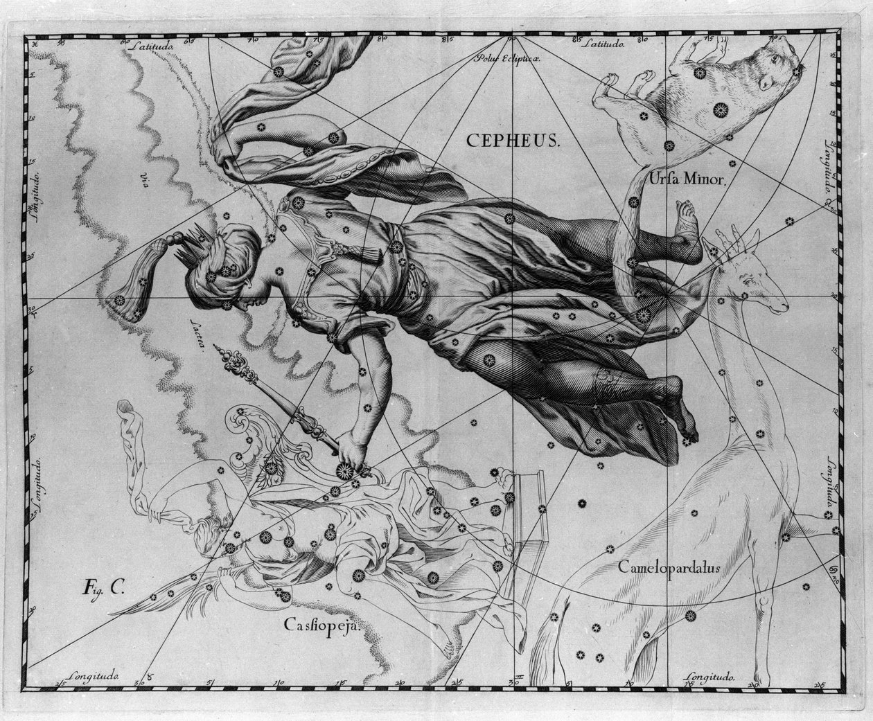 Konstelacja Cefeusza (lub Cephee), króla Etiopii. Talerz zaczerpnięty z „Firmamentum Sobiescanum sive Uranographia” Jana Heweliusza lub Hevela (1611-1687) autorstwa Johannes Hevelius